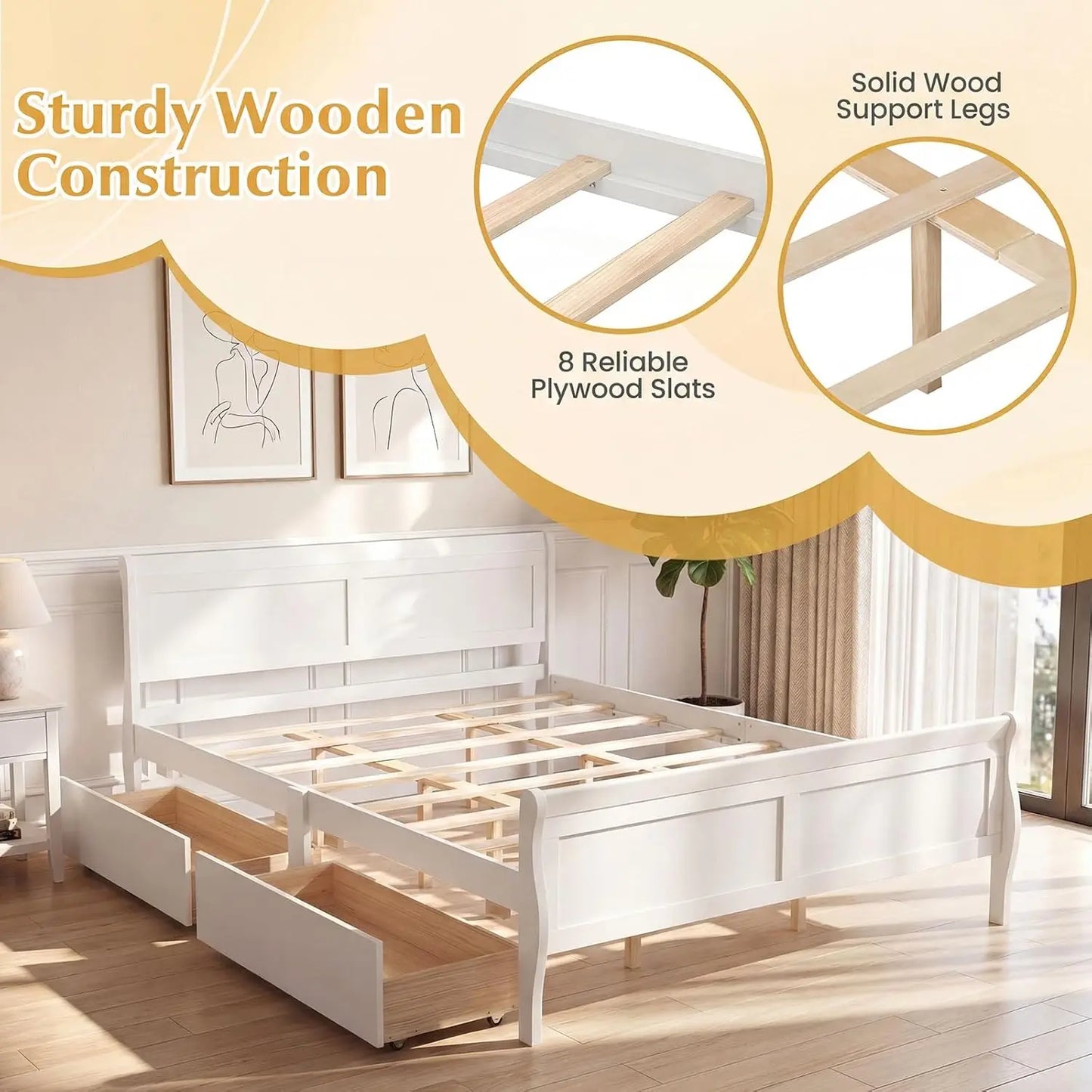 Queen Storage Bed Frame With Wood Headboard Footboard Drawers Slats