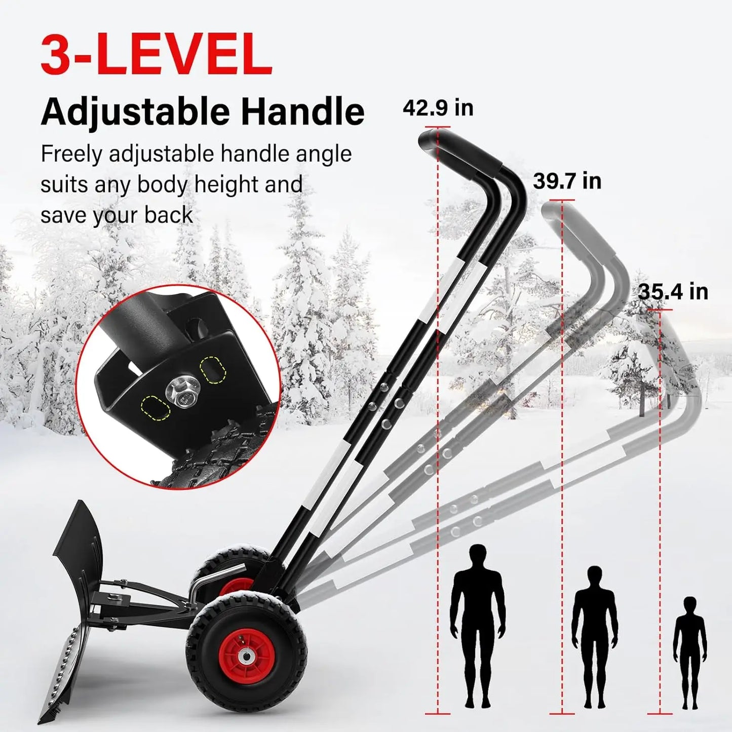 Snow Shovel Pusher With Wheels Heavy Duty Steel Angled Blade