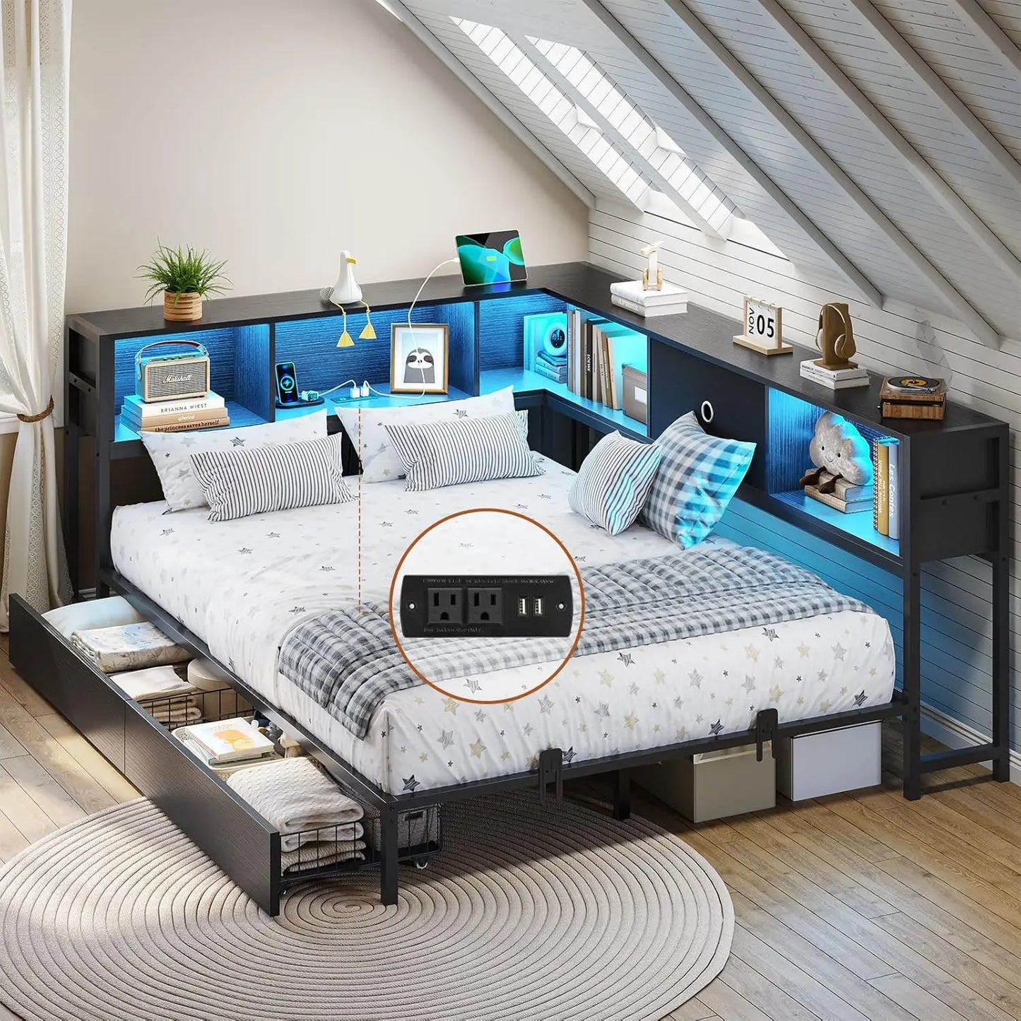 Corner Bed Frame With LED Bookcase Storage And Charging Station