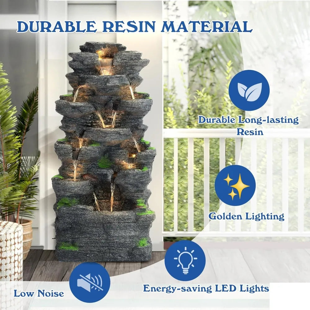 TOBYUL Garden Waterfall Fountain Resin LED Outdoor Decor