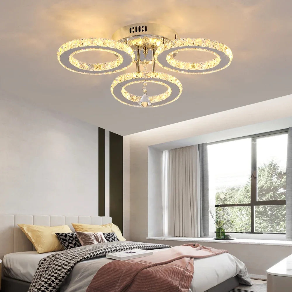 GreeLustr K9 Crystal Chandelier Three Ring Stainless Steel