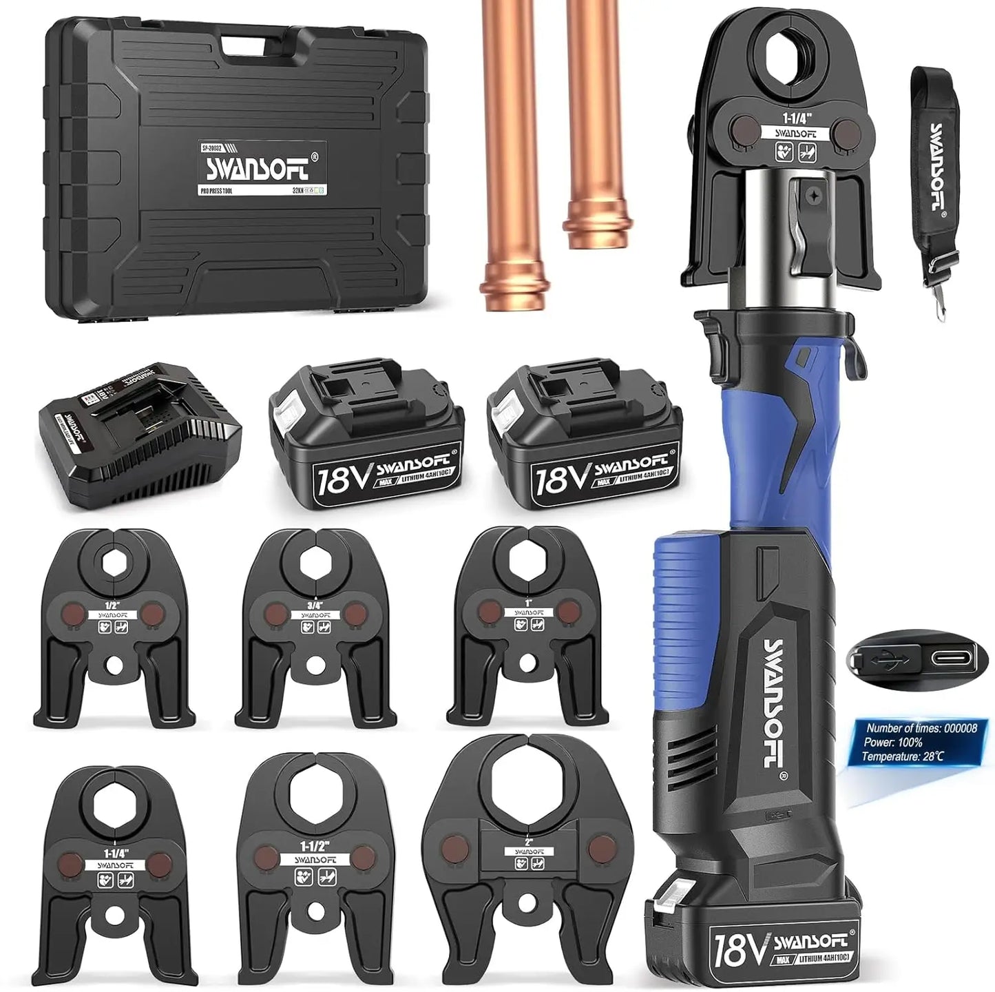 Swansoft Pro Press Tool for Copper Pipes 32kN Propress Kit 6 Jaws