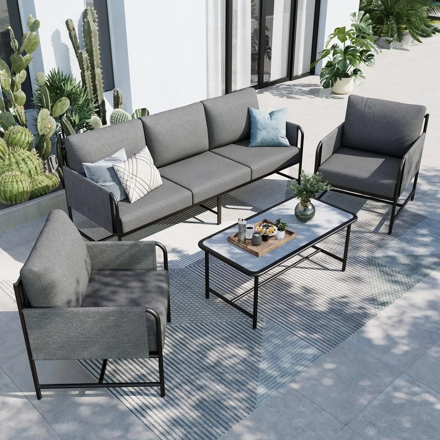 Five Seat Patio Set With Olefin Textilene Backrest Coffee Table
