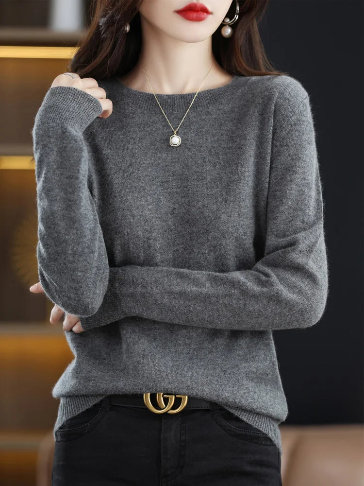Addonee Merino Wool Women O Neck Sweater Long Sleeve