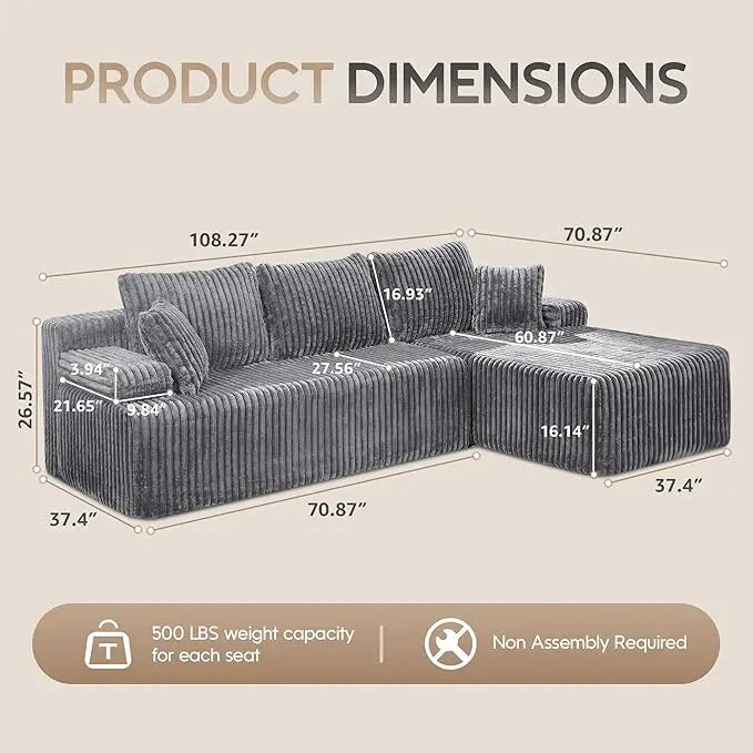 HUANZHUANG Modular L Shaped 3 Seat Sectional Sofa With Memory Foam Storage