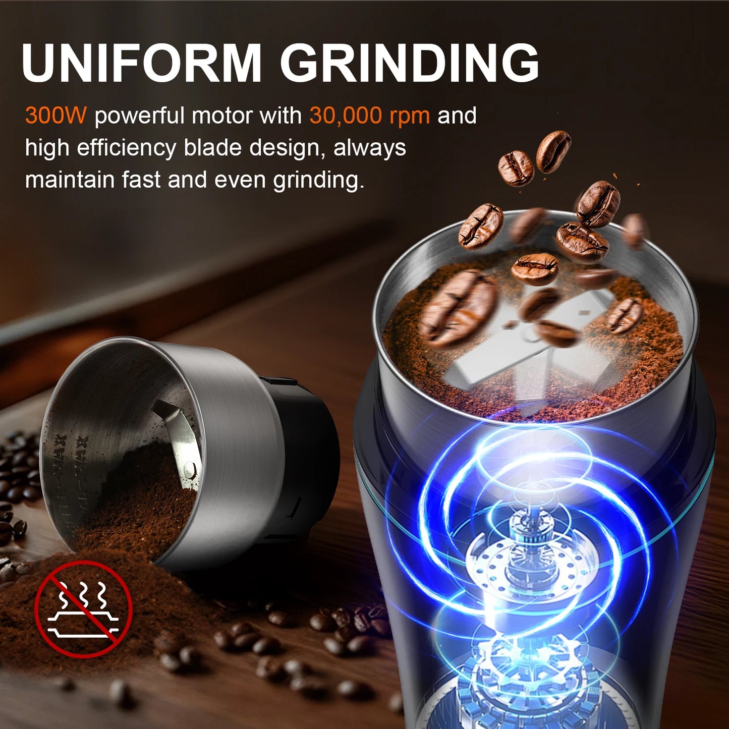 KIRAINAFLY Electric Coffee Grinder 300W With Removable Stainless Steel Cup
