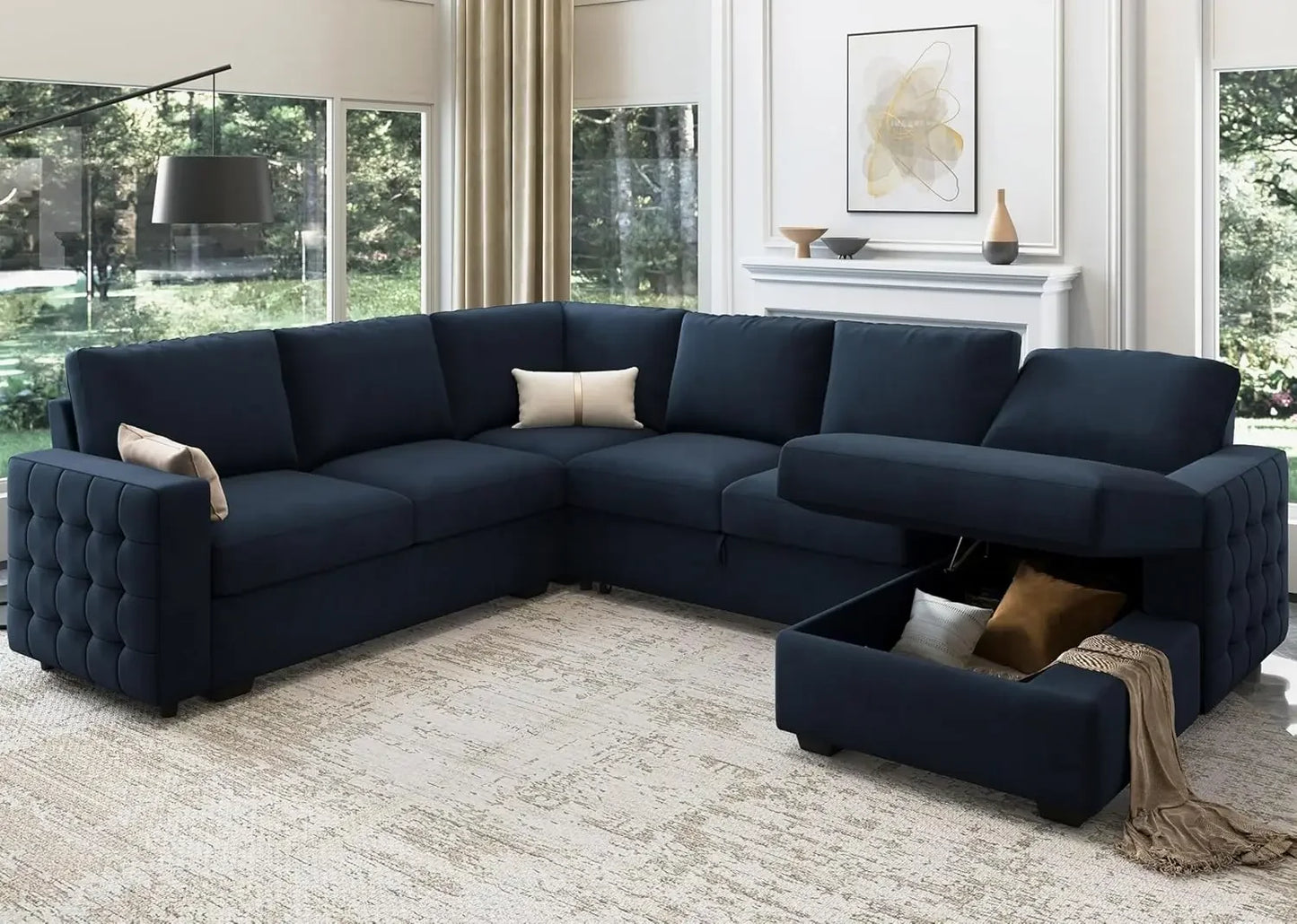 Combination U Shape Sectional Sleeper Sofa With Pull Out Bed