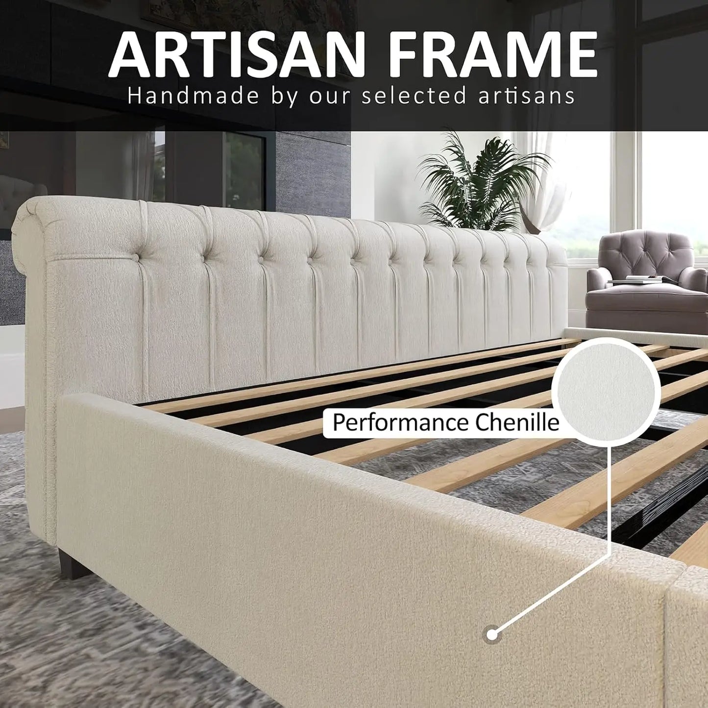 Platform Bed Frame Chenille Upholstered Sleigh With Button Tufted Headboard