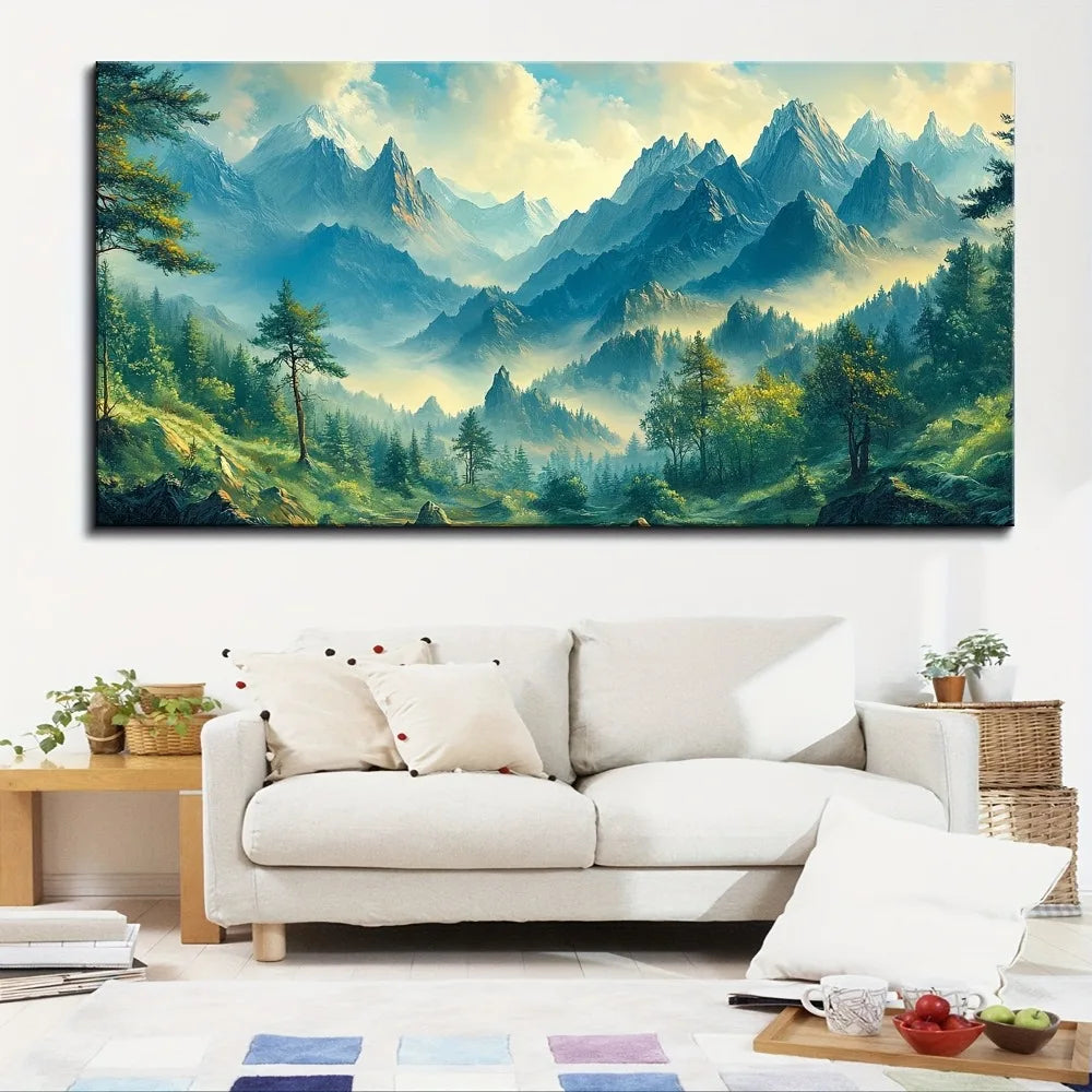 Hign-concerned Pine Frame Canvas Mural Misty Mountains