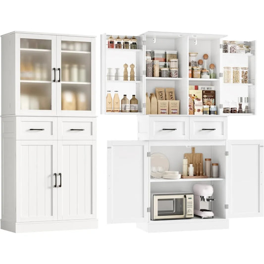 Kitchen Pantry Storage Cabinet With Frosted Glass Doors And Drawers