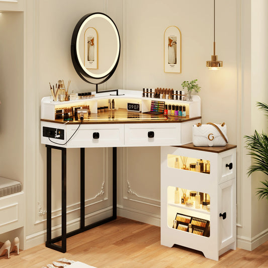 JDPAG Corner Vanity Desk With Mirror Lights And Charging Station