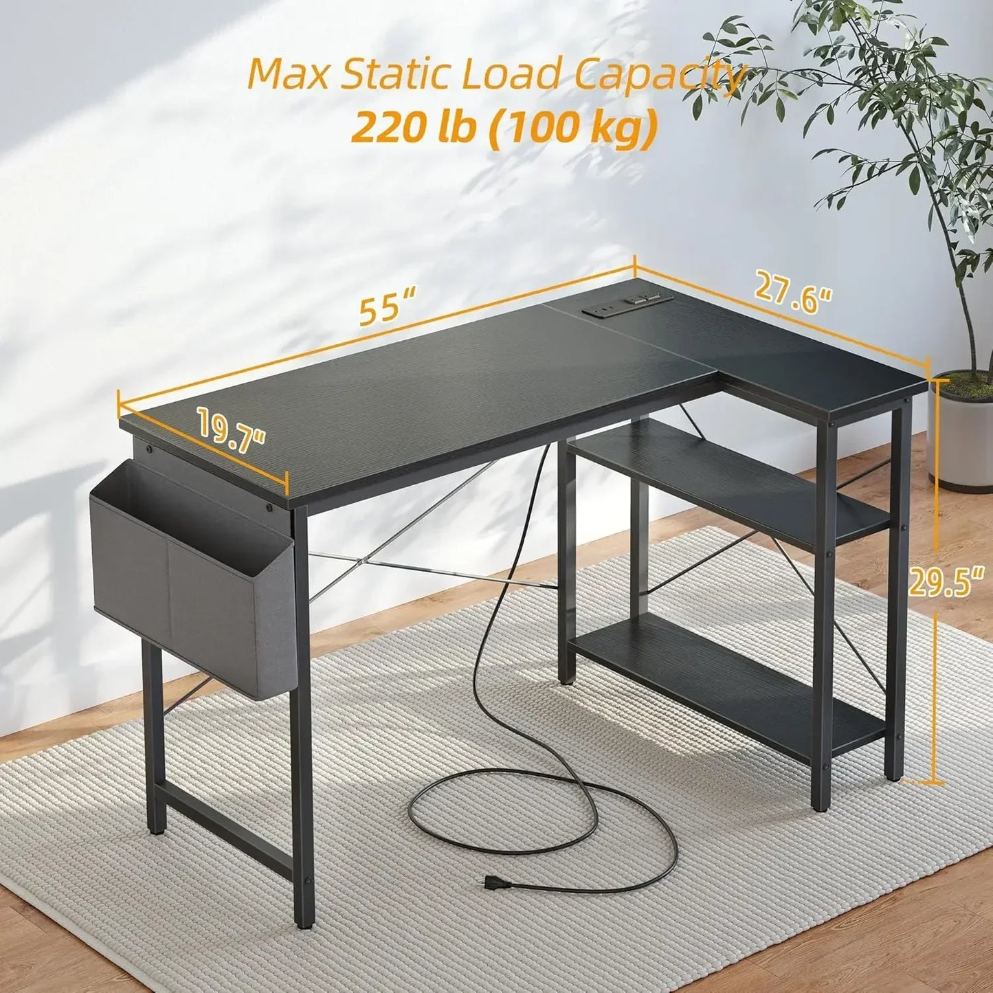 XMSJ L Shaped Desk With Power Outlets And Reversible Shelves