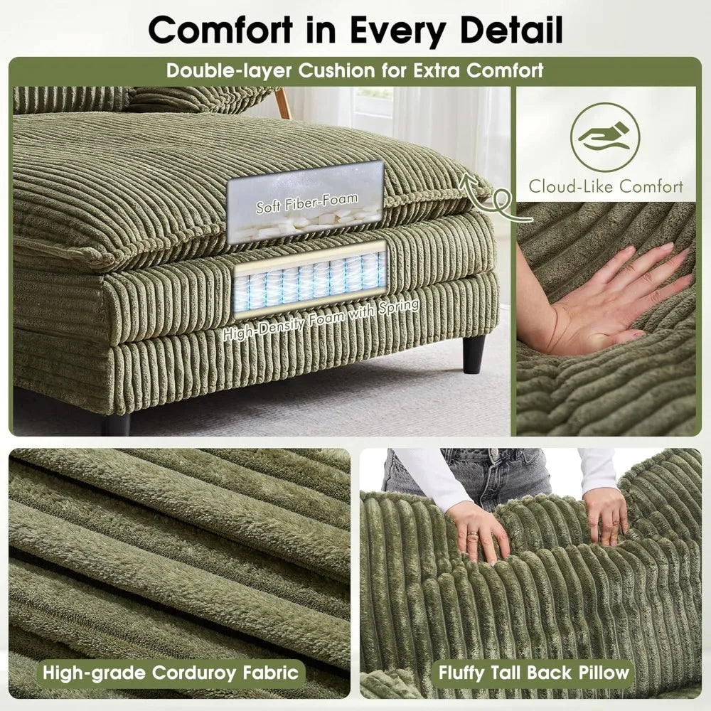 Corduroy Sleeper Sofa Chaise Lounge With 5-Position Backrest