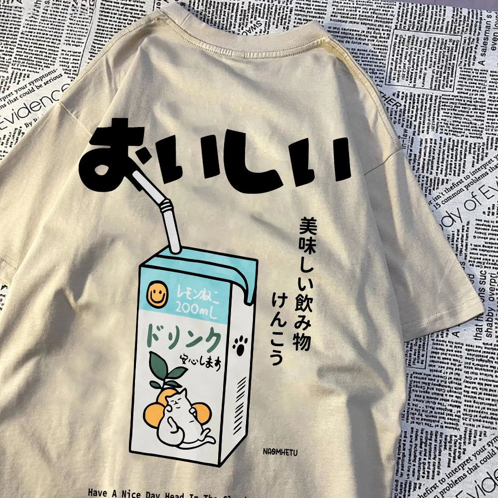Hampson Lanqecn Cute Japanese Cat Print Tee Shirt Casual