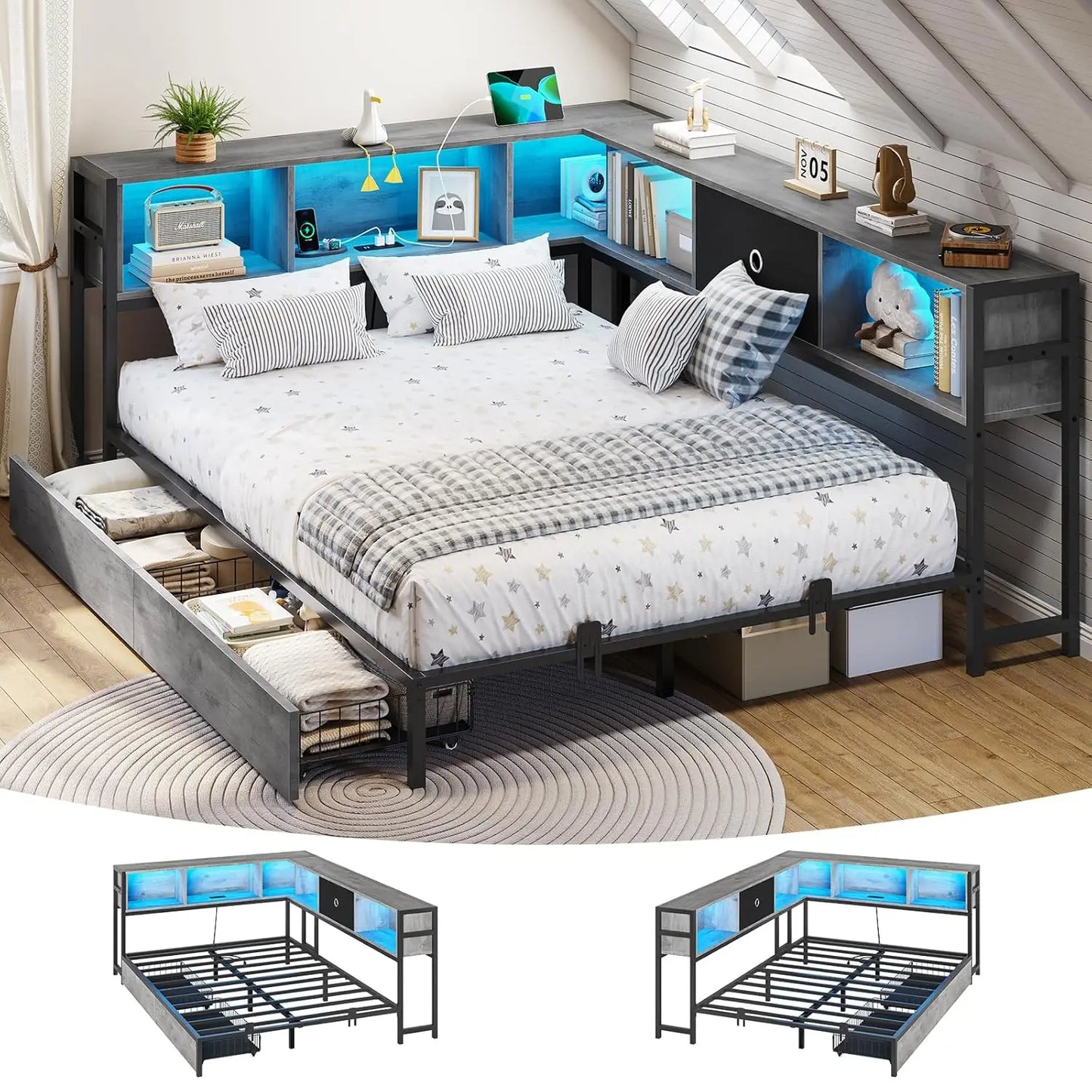 Corner Bed Frame With LED Bookcase Storage And Charging Station