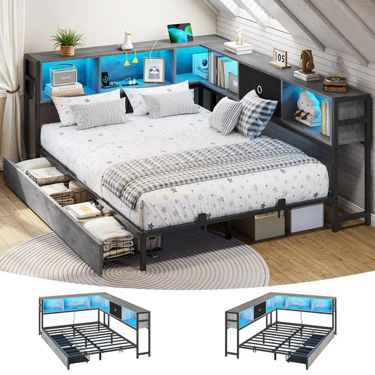 Corner Bed Frame With LED Bookcase Storage And Charging Station