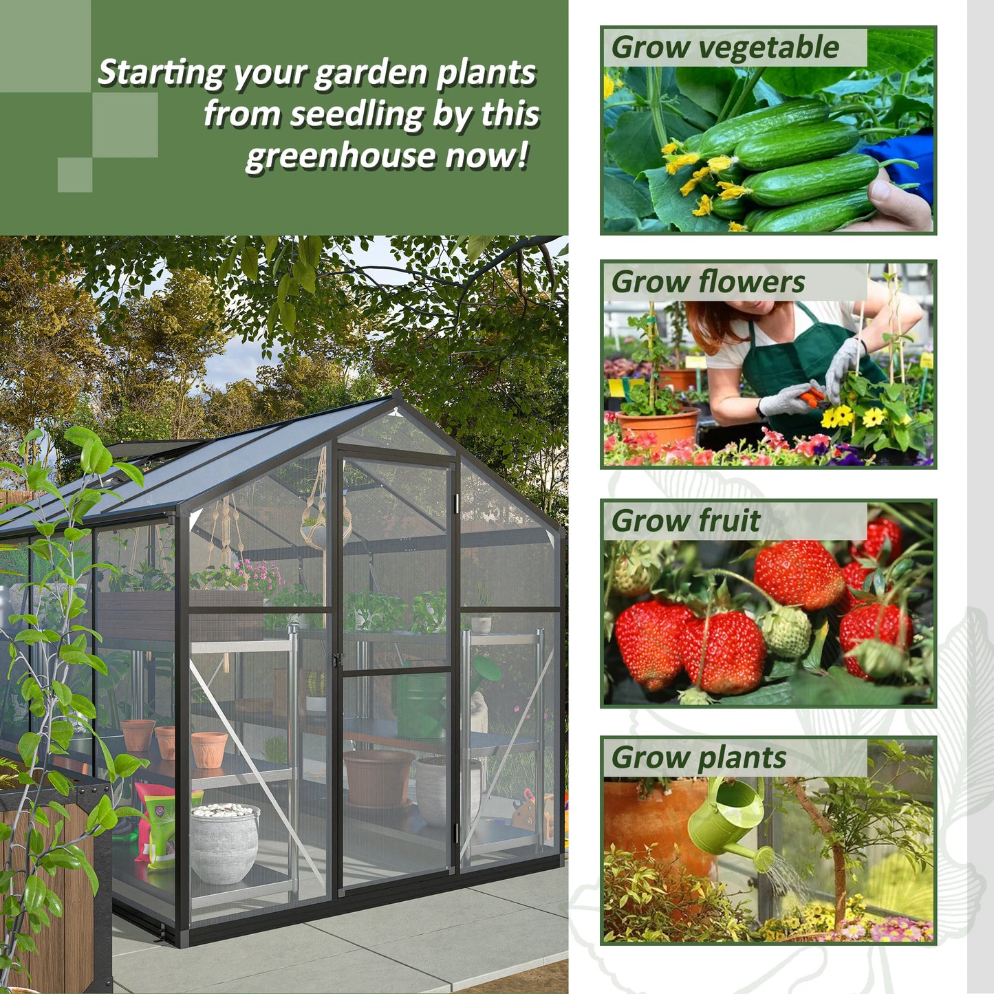 LZBEITEM Polycarbonate Greenhouse With Heavy Duty Aluminum Frame Walk-In Garden