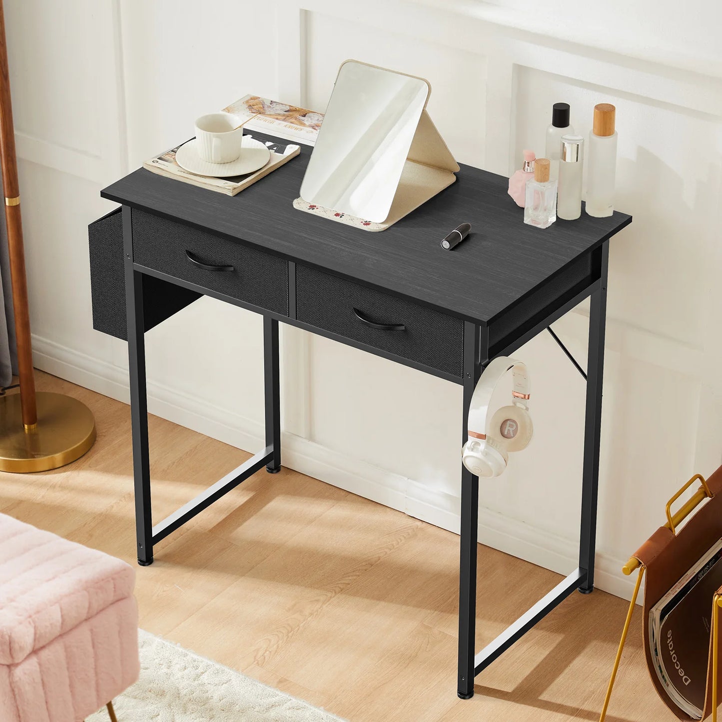 JHK Modern Office Desk With Fabric Storage Drawers Metal Frame
