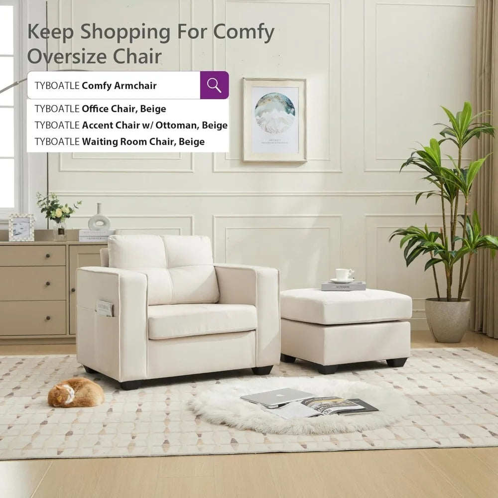 Ticify Linen Lounge Chair With Ottoman And Pockets