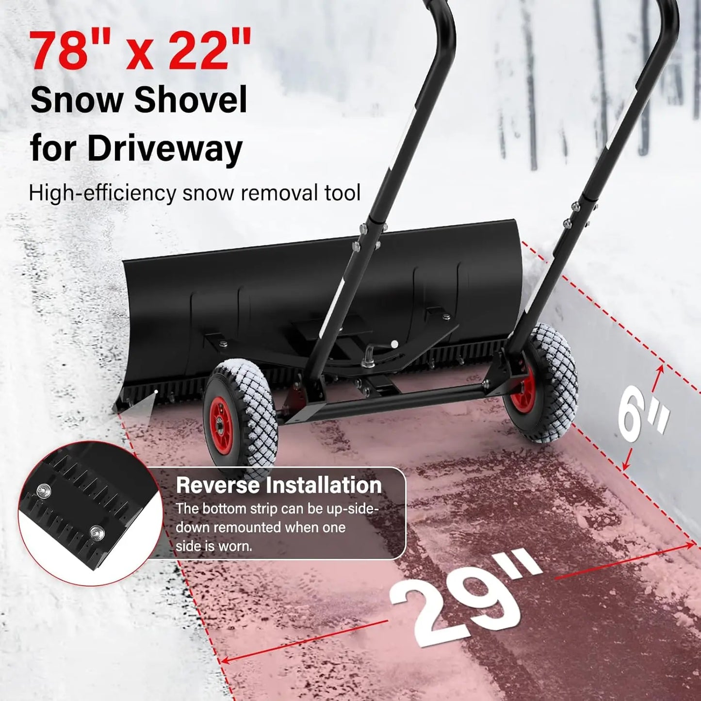Snow Shovel Pusher With Wheels Heavy Duty Steel Angled Blade