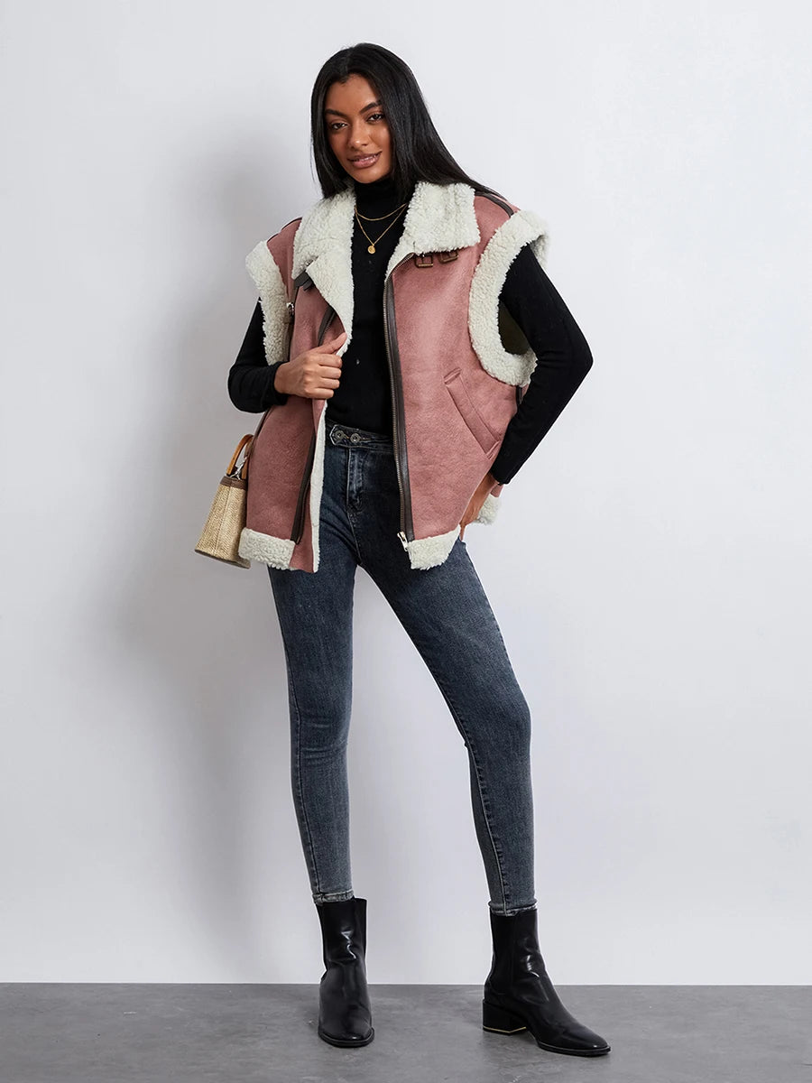 Meihuida Ladies Cozy Faux Fur Vest Quilted High Neck Coat