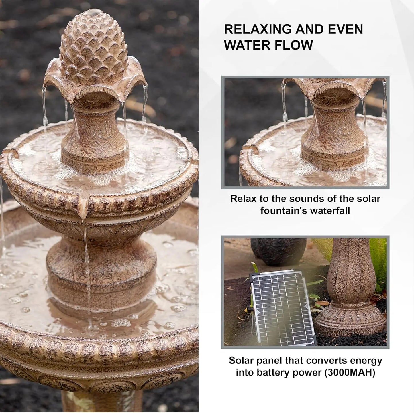 Solar Powered Two Tier Outdoor Water Fountain Sand Stone Resin