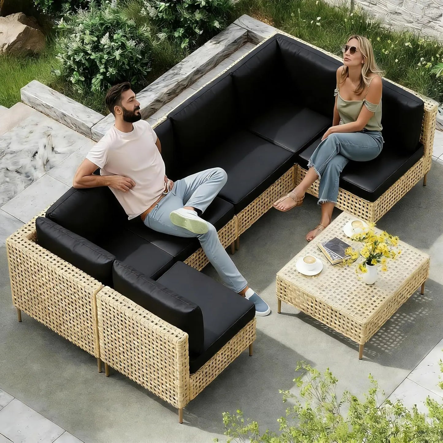 Wicker Outdoor Sectional Sofa Set Coffee Table All Weather Cushions