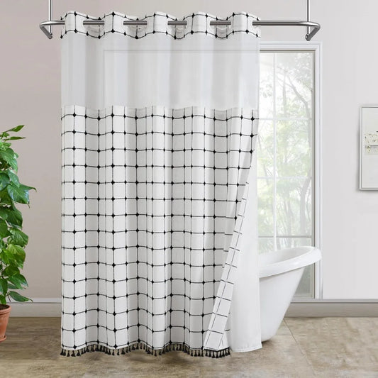 No Hook Shower Curtain With Snap In Fabric Liner Grid