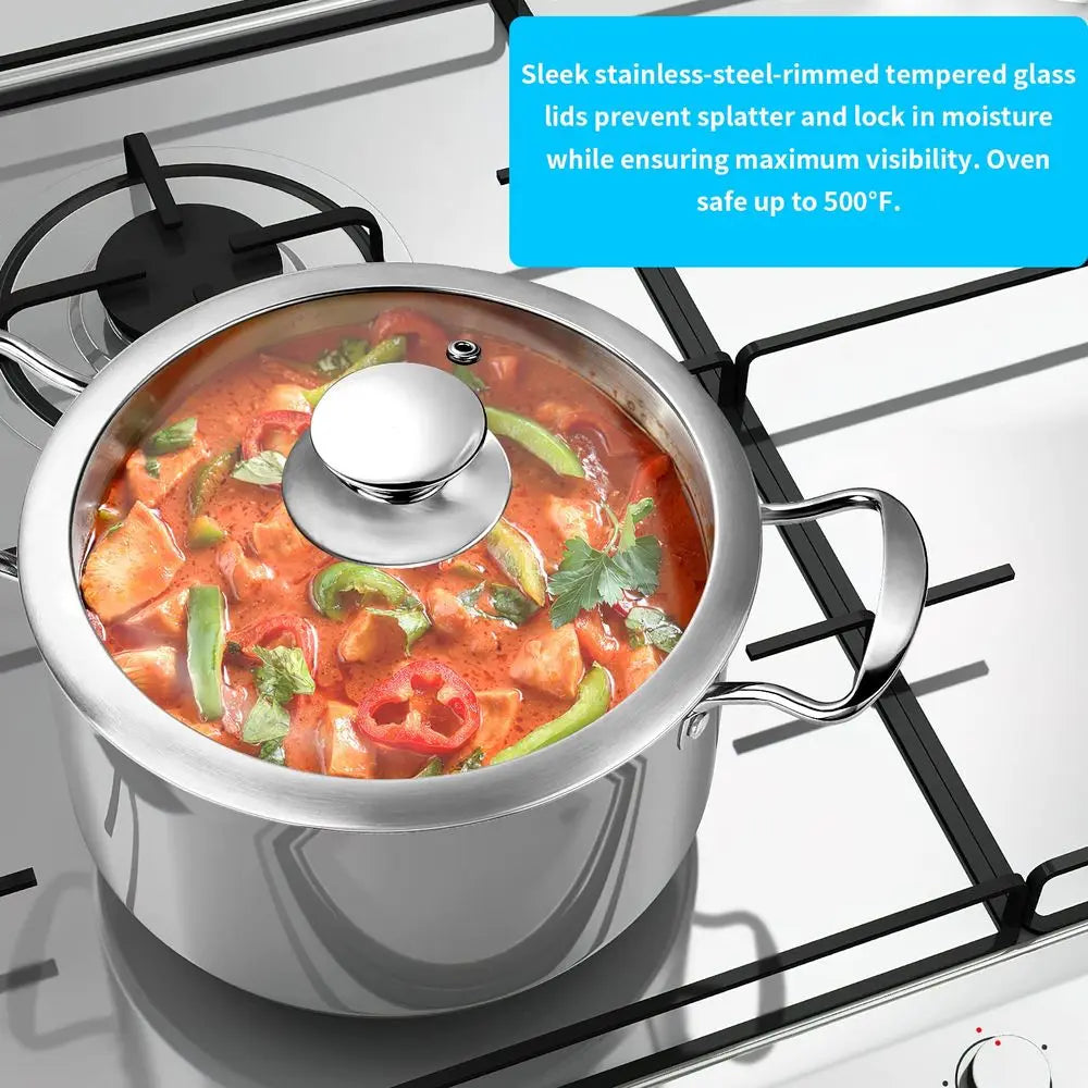 Stainless Steel 7 Piece Pots And Pans Set With Glass Lids Induction Compatible