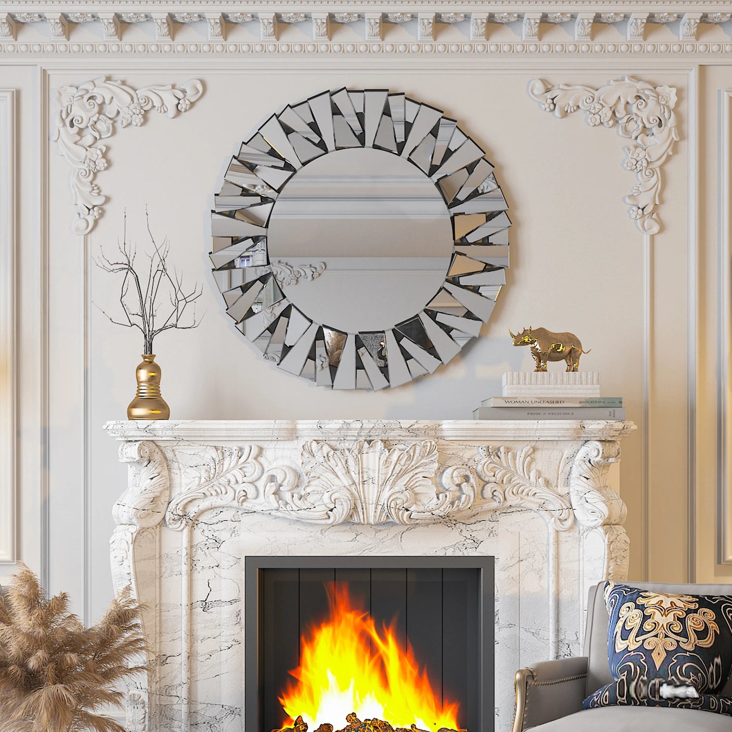 Wisfor Sunburst Round Mirror Wall Decor Modern Silver Glass
