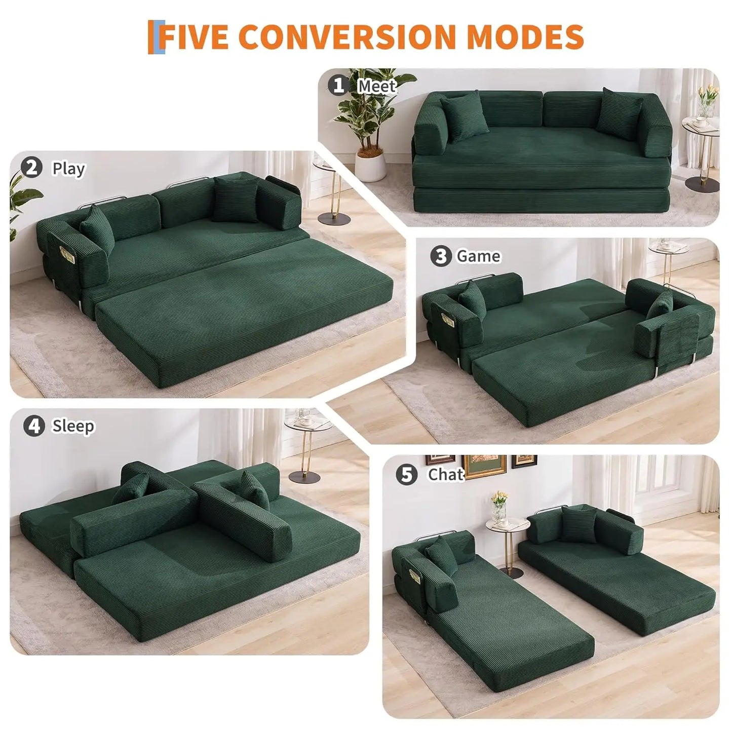 Corduroy Convertible Sleeper Sofa 5 In 1 Fixed Frame