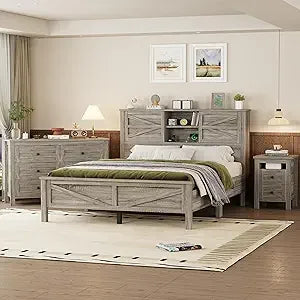 RBXC Farmhouse 3 Piece Bedroom Platform Bed With Storage