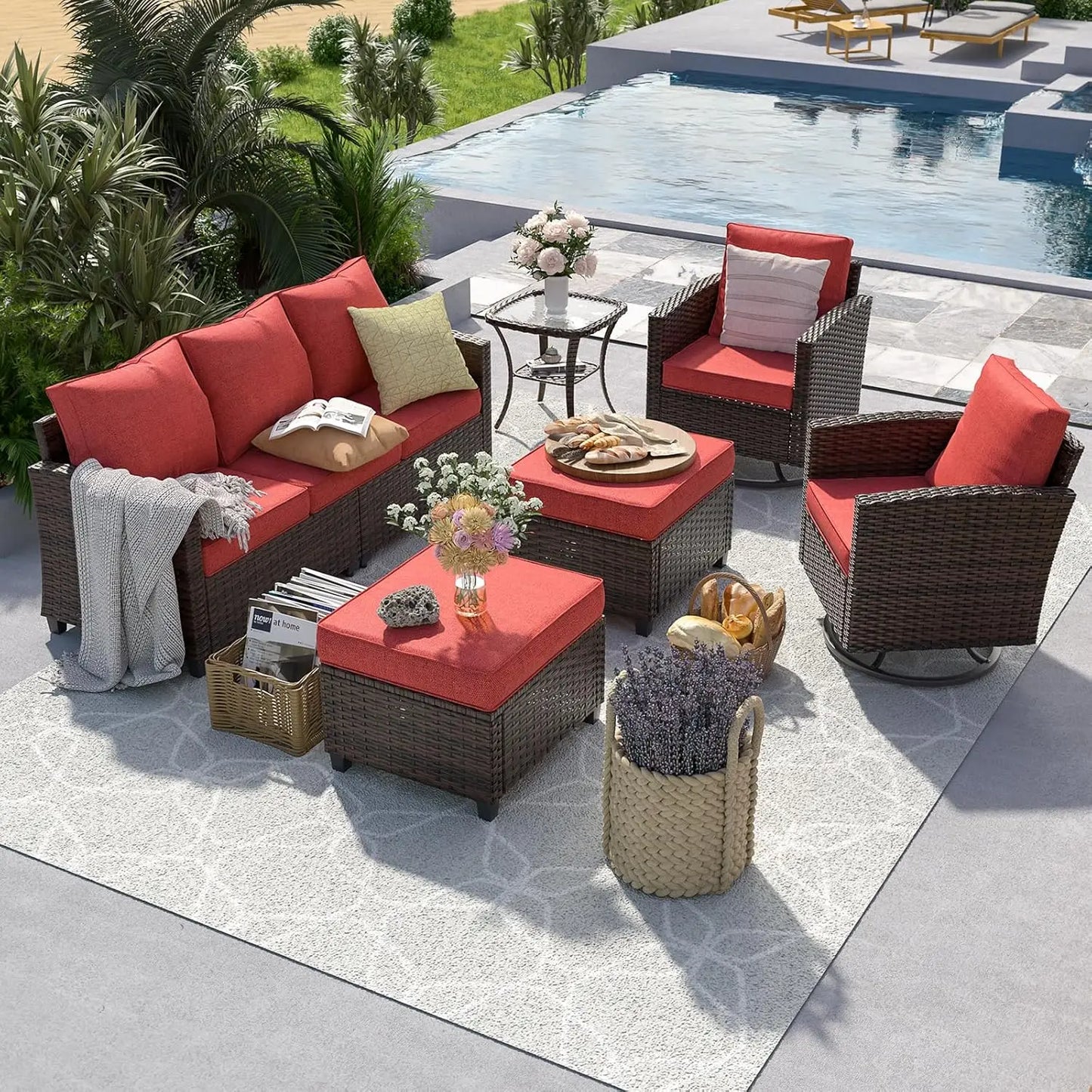 PE Rattan Sectional Sofa Set Swivel Chair Side Table