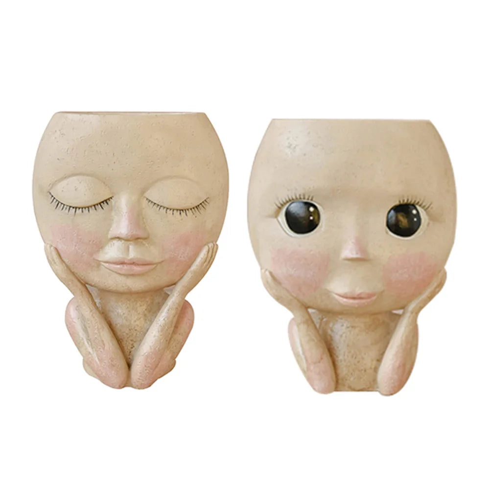 Flower Pot Girl Face Head Figurine Decor For Garden Pots