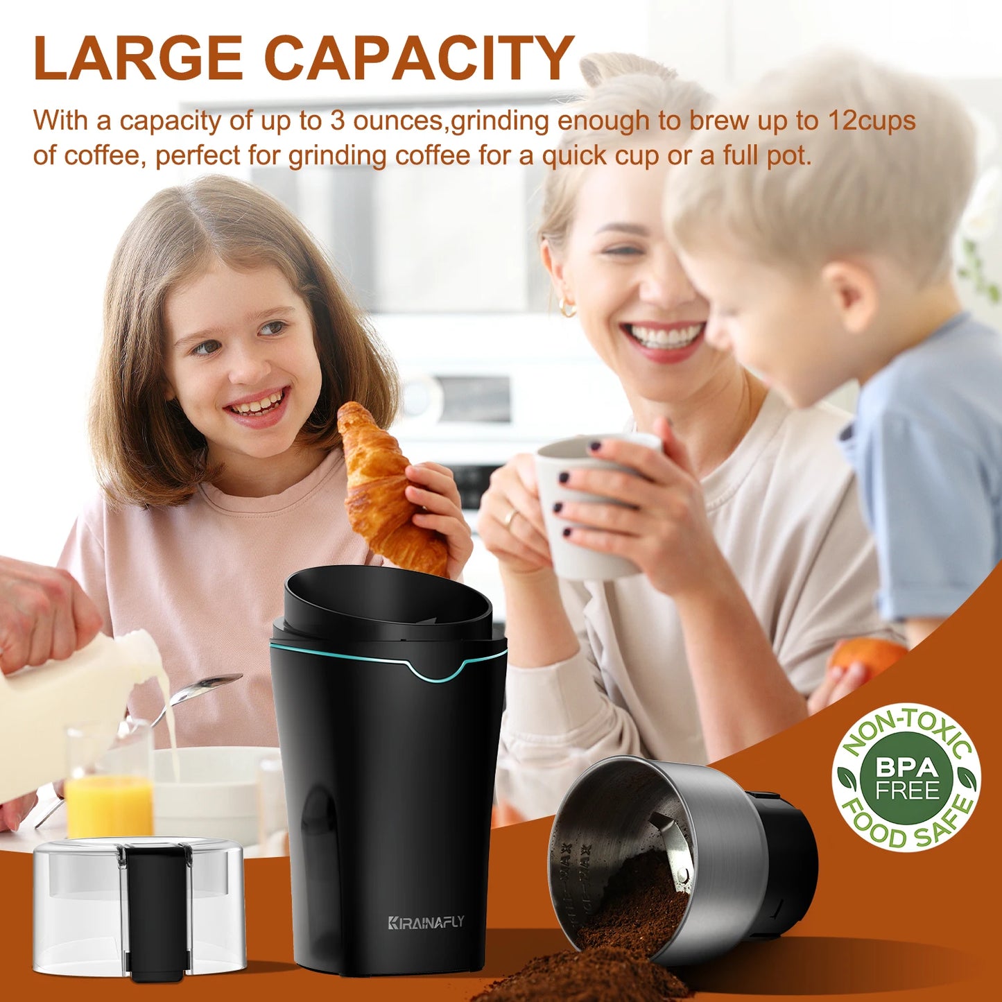 KIRAINAFLY Electric Coffee Grinder 300W With Removable Stainless Steel Cup
