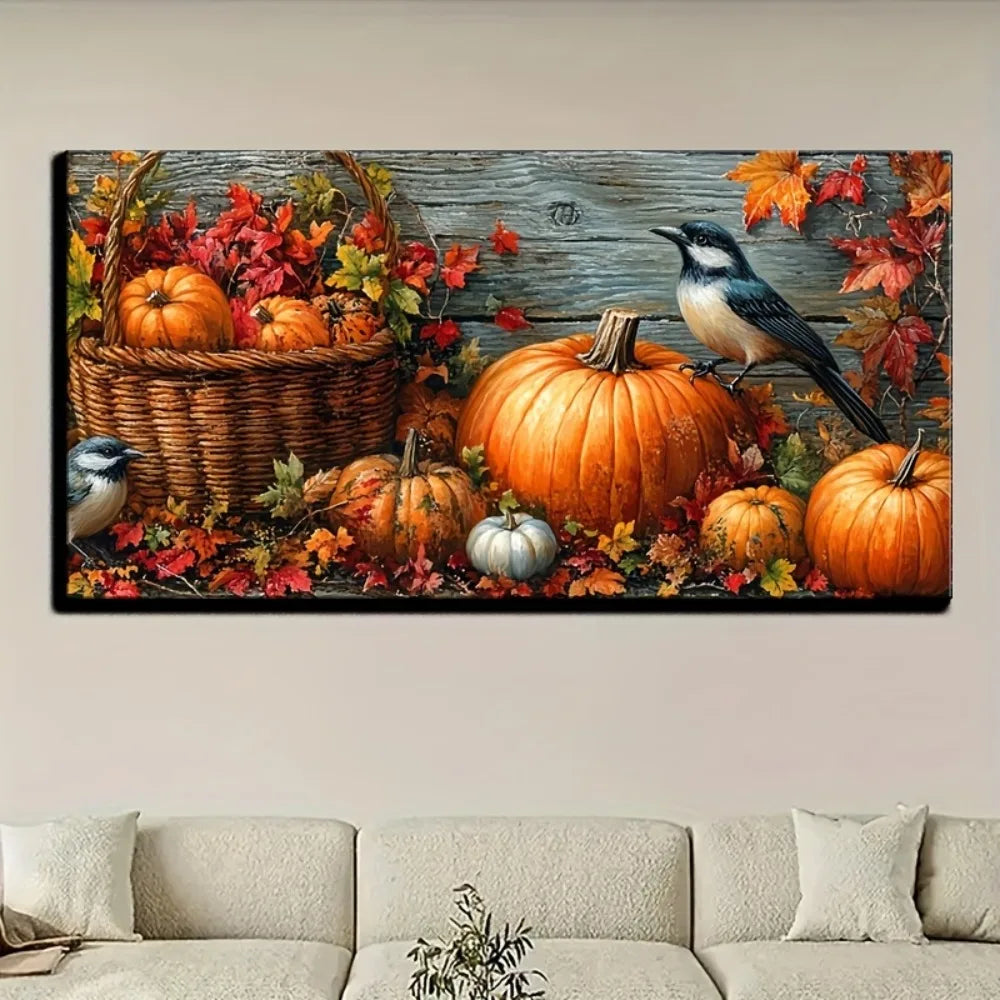 Hign-Concerned Fall Pumpkin Canvas Painting Wall Art Bird