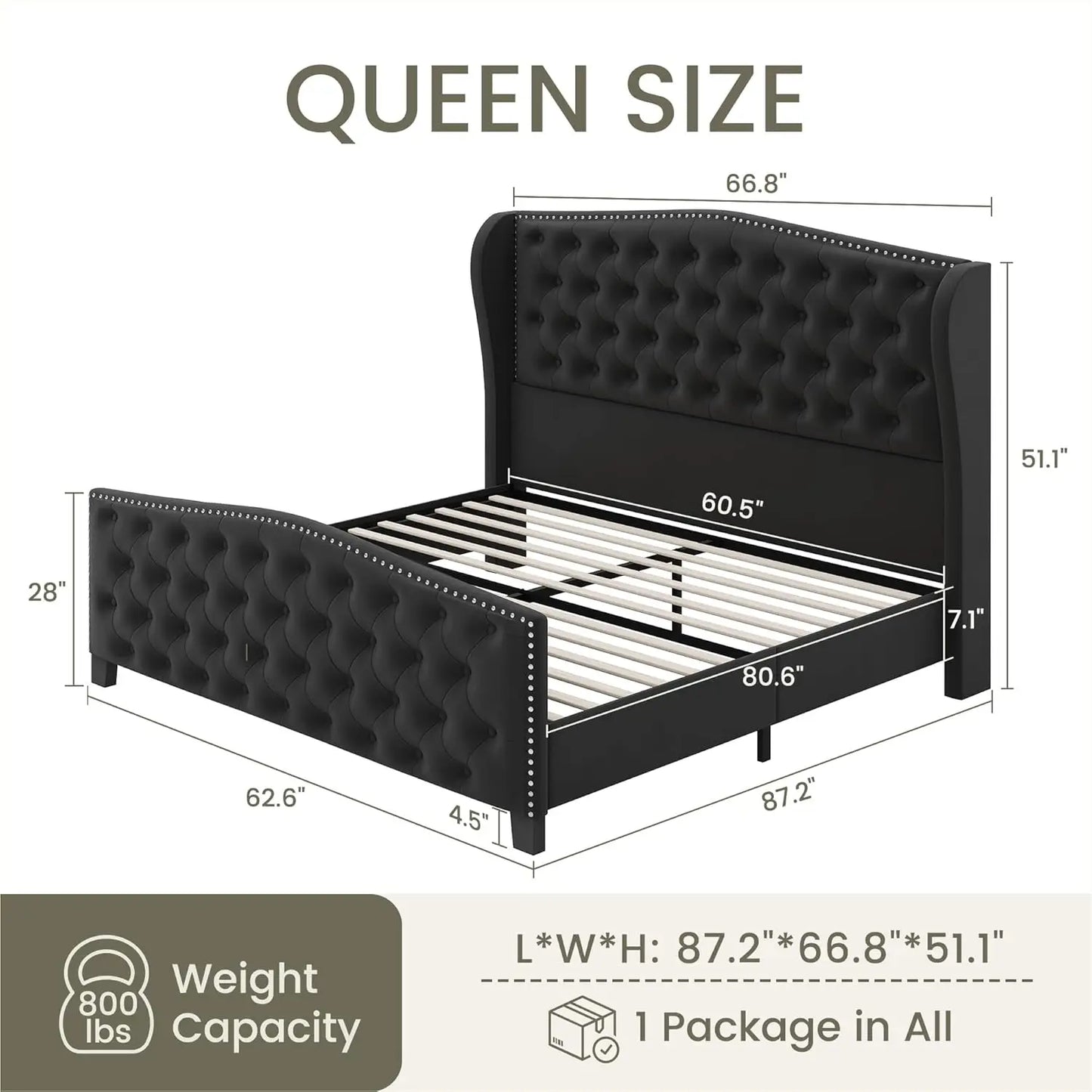 Velvet Platform Bed With Wingback Headboard Tufted Wood Slats