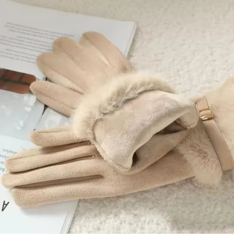 NONECN Winter Plush Warm Touch Screen Gloves For Women Windproof