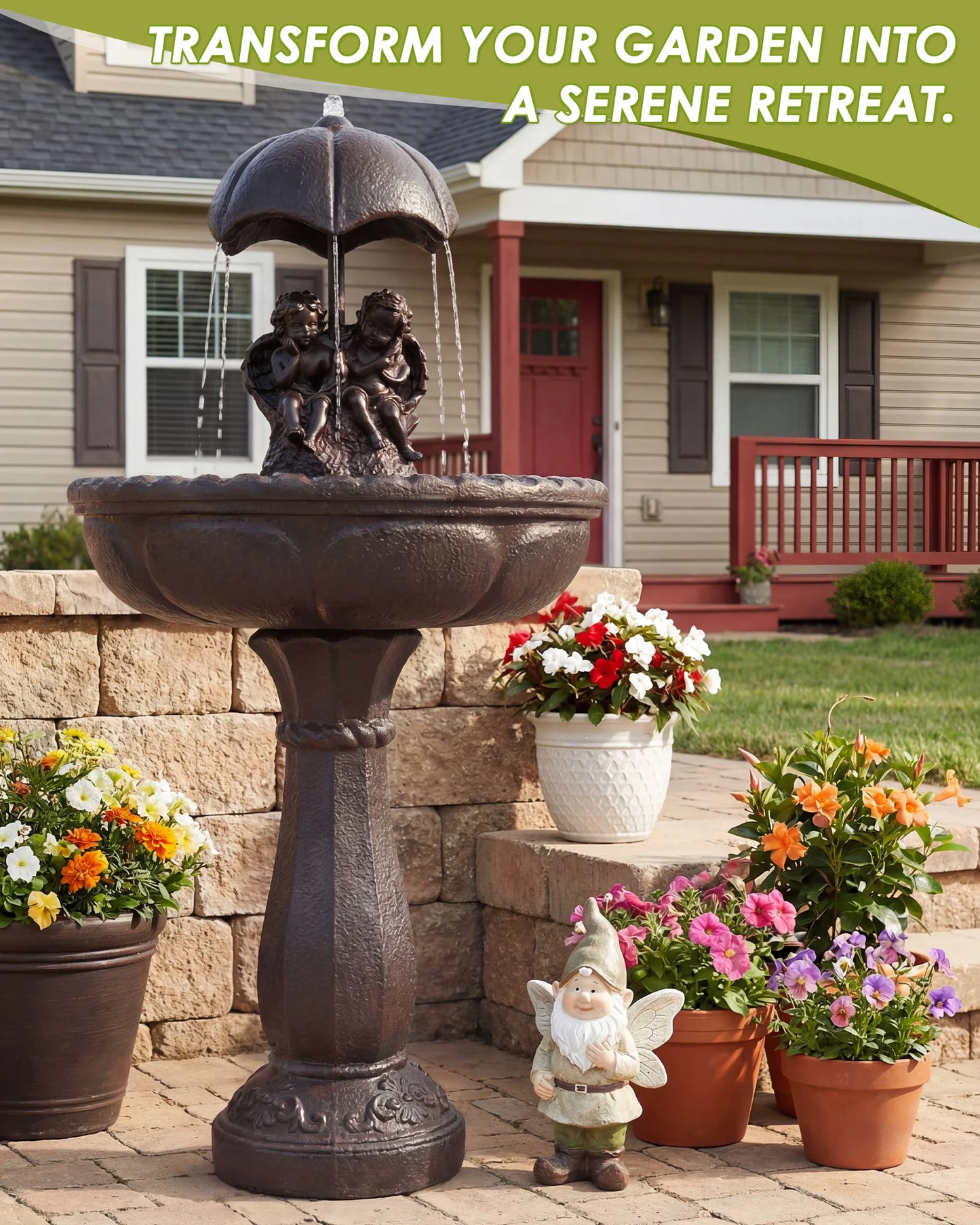 Solar Outdoor Water Fountain With Whisper Quiet Pump Cascading Waterfall