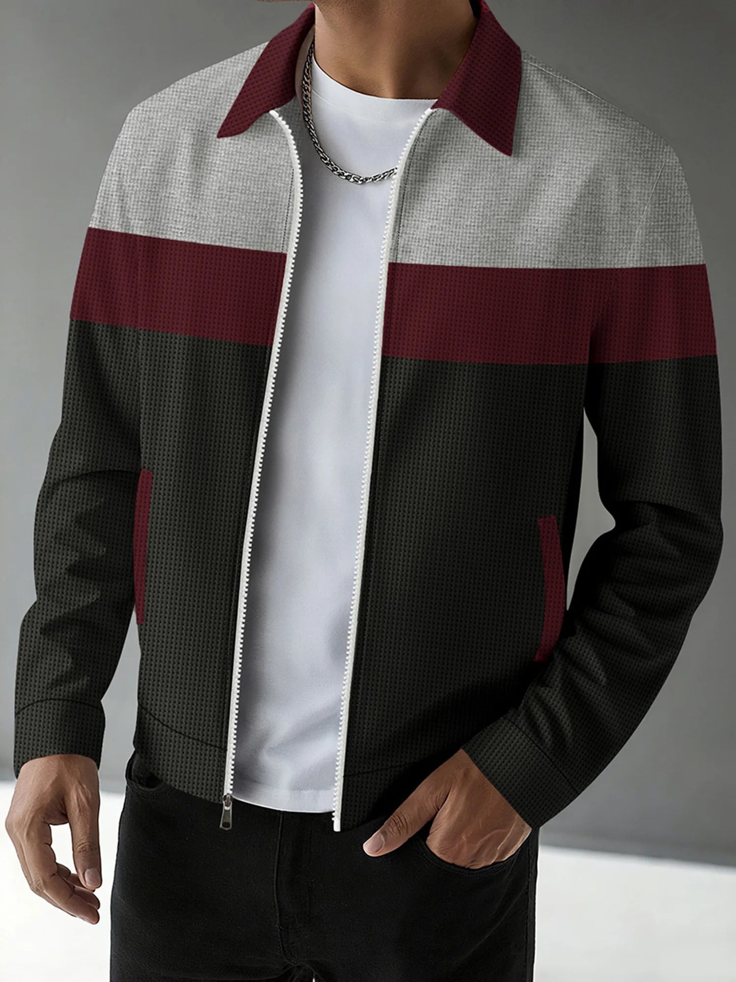 Guangdong Mens Casual Zip Up Jacket With Patchwork Design Pockets Lapel Collar