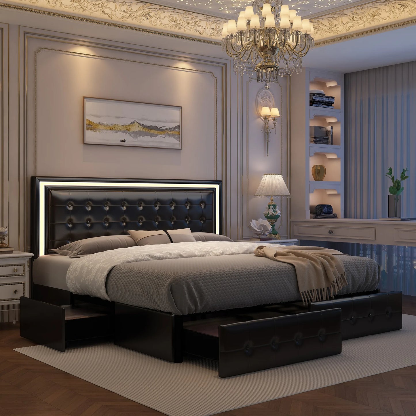 GEGOFORU Queen LED Bed Frame With 4 Storage Drawers Headboard