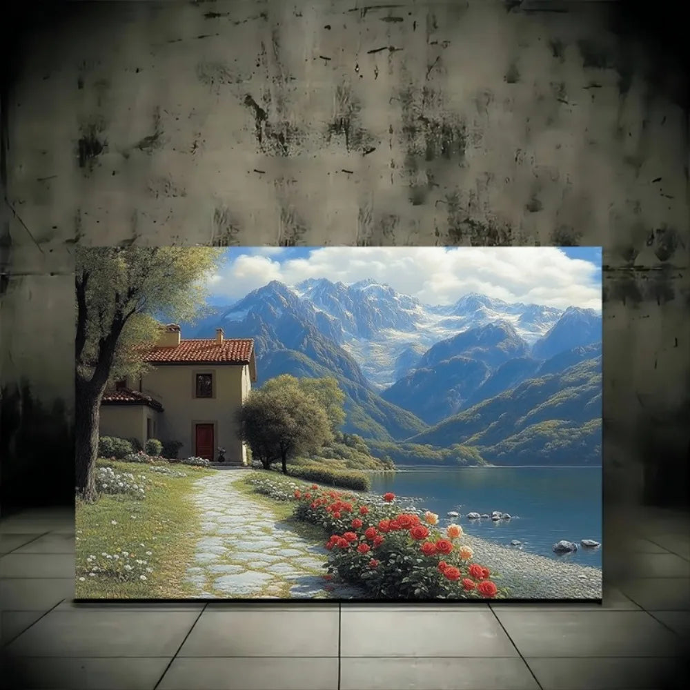 Hign-concerned Wood Frame Red Flowers River Art Mural