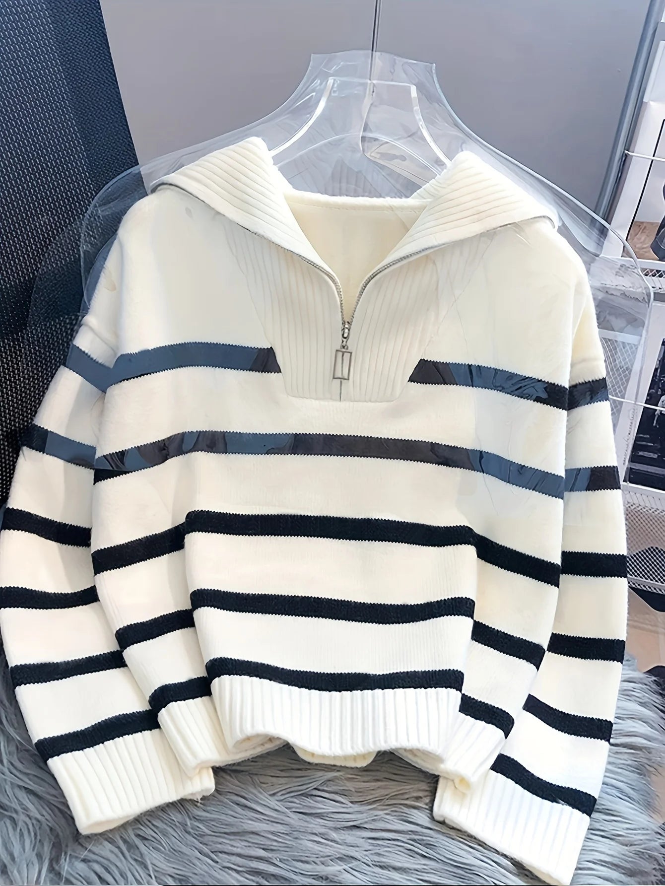 CakuloCN Autumn Winter Knit Striped Zipper Women's Pullover Sweater
