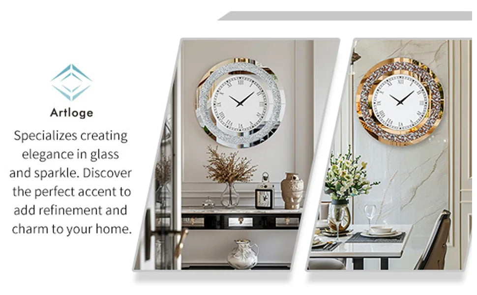 Round Mirrored Wall Clock With Crystal Sparkle Diamond Accents For Living Room