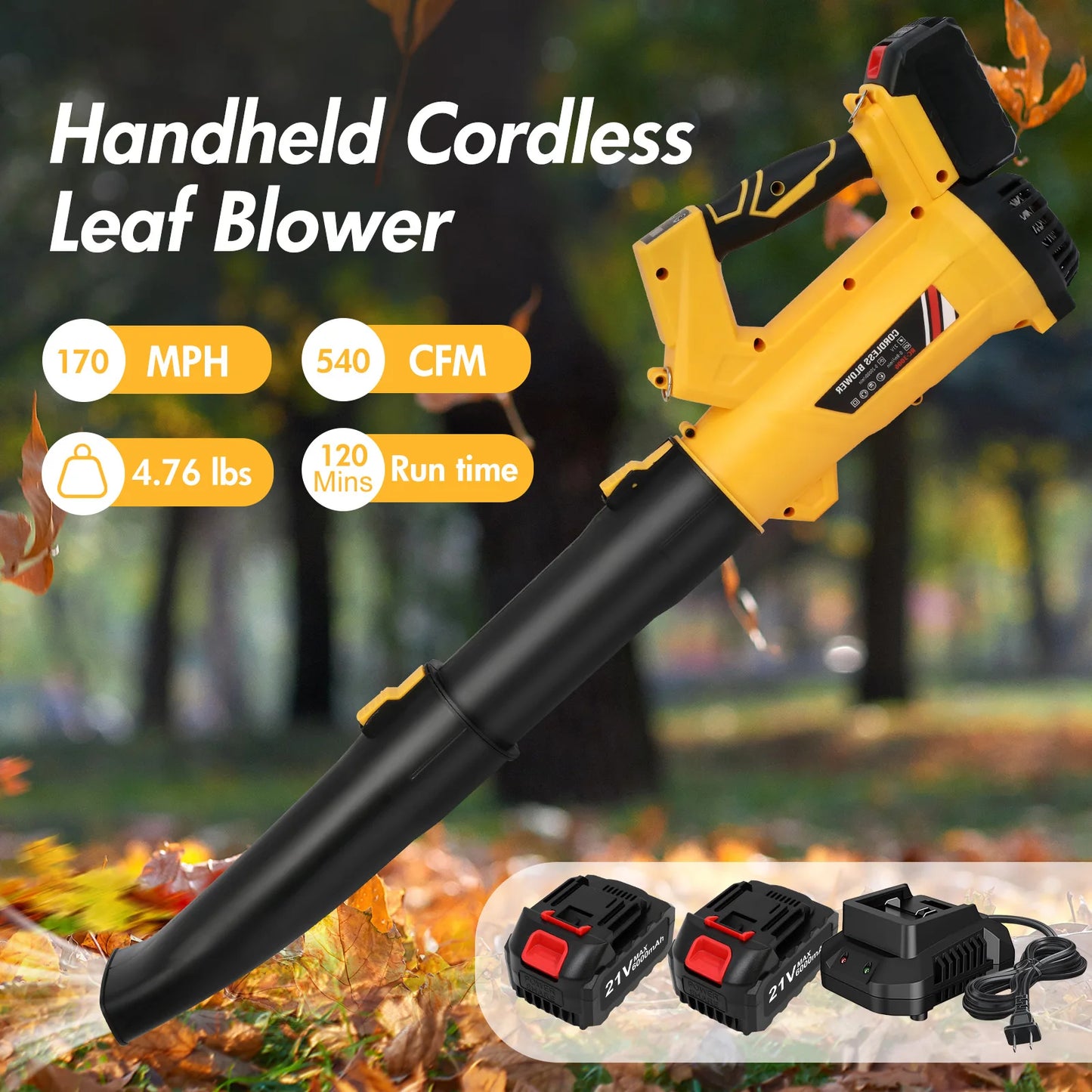 Cordless 21V Leaf Blower With 2 Batteries 170MPH High Power