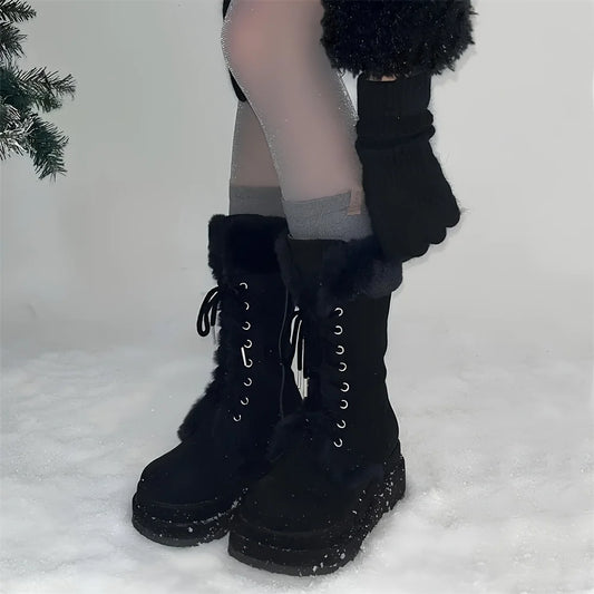 Women Winter Faux Fur Mid Calf Snow Boots Platform Wedges