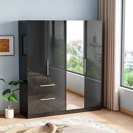 Ticify High Gloss Wardrobe With Mirror Four Doors Drawers