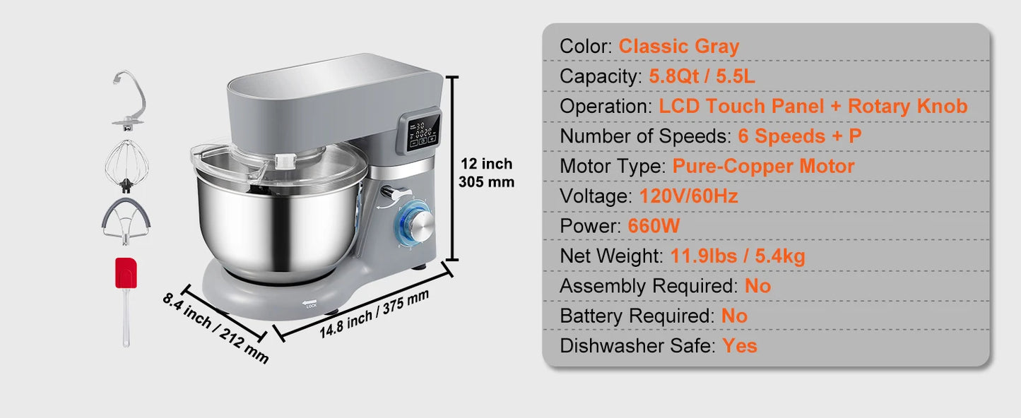 VEVOR Stand Mixer Electric Dough Mixer With 6 Speeds