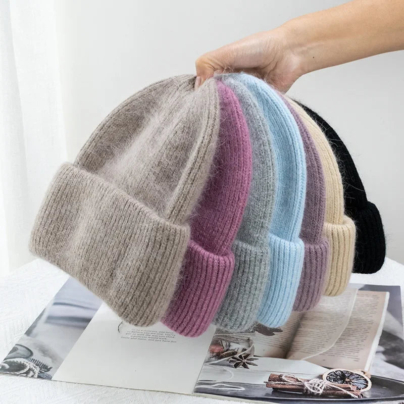 Warm Cashmere Wool Beanie With Rabbit Fur For Women Outdoor