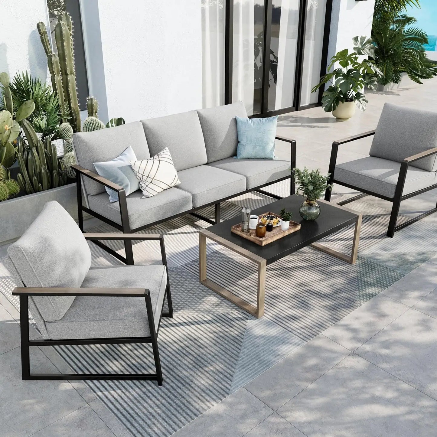 Five Seat Patio Set With Olefin Textilene Backrest Coffee Table